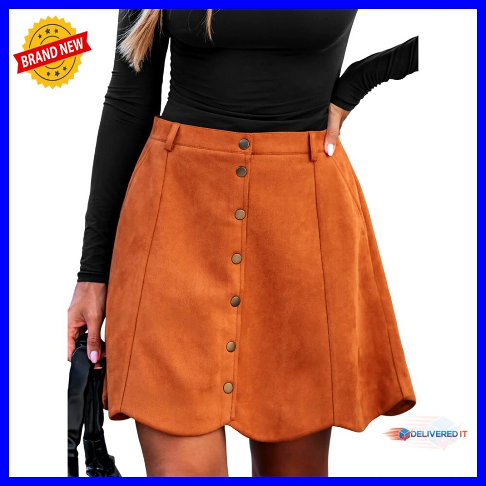 Button Pocket Mini Skirt High Waist A-Line Casual Fall Winter Petal Hem Stretchy